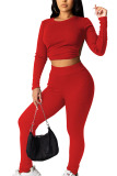 Red Sexy Pit Article Fabrics Solid Split Joint O Neck Long Sleeve Regular Sleeve Short Two Pieces