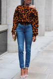 White Sexy Casual Street Print Leopard Lips Printed Buttons Pullovers Oblique Collar Mid Waist Tops
