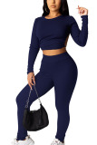 Blue Sexy Pit Article Fabrics Solid Split Joint O Neck Long Sleeve Regular Sleeve Short Two Pieces