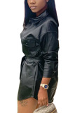 Black Fashion Street Adult Faux Leather Solid With Belt Turndown Collar Outerwear