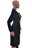 Black Sexy Cap Sleeve Long Sleeves Turndown Collar pleated Knee-Length Character Solid Long Sle