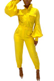 Yellow Fashion Casual Adult Twilled Satin Solid Pocket Turndown Collar Skinny Jumpsuits