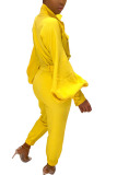 Yellow Fashion Casual Adult Twilled Satin Solid Pocket Turndown Collar Skinny Jumpsuits