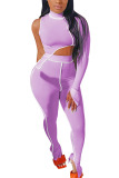 purple Fashion Sexy Adult Polyester Solid Split Joint Turtleneck Long Sleeve One Shoulder Regular Two Pieces