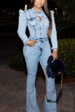 Baby Blue Sexy Denim Solid Buttons Turndown Collar Skinny Jumpsuits
