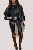 Black Fashion British Style Adult Faux Leather Solid Pullovers O Neck Tops