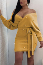 Yellow Fashion Sexy Adult Flocking Solid Frenulum Bateau Neck Long Sleeve Knee Length Wrapped Skirt Dresses