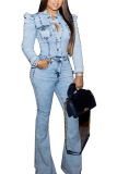 Baby Blue Sexy Denim Solid Buttons Turndown Collar Skinny Jumpsuits