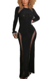 Black Sexy Polyester Milk Fiber Solid Split Joint See-through O Neck Long Sleeve Ankle Length Pencil Skirt Dresses