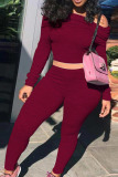 Wine Red Fashion Street Adult Spandex Solid Patchwork Bateau Neck Long Sleeve Regular Sleeve Short Two Pieces