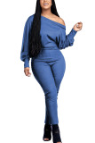 Blue Fashion Casual Adult Solid One Shoulder Skinny Jumpsuits