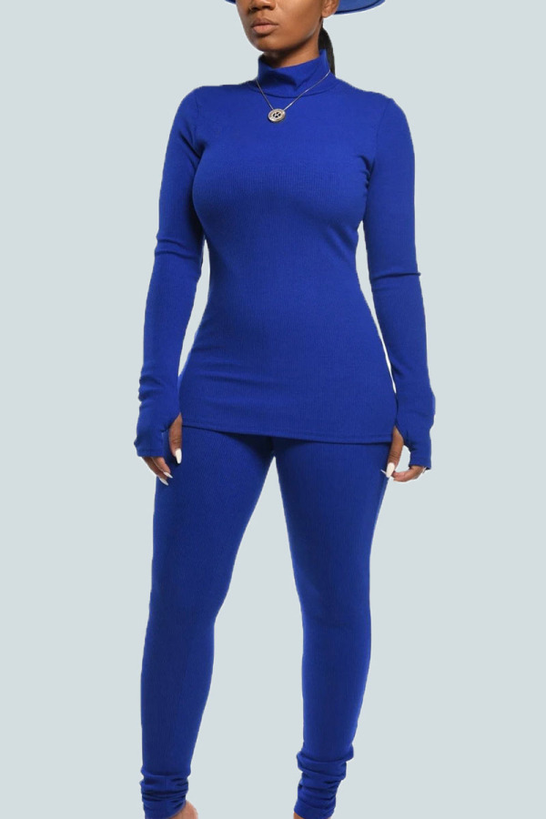 Blue Casual Pit Article Fabrics Solid Patchwork Turtleneck Long Sleeve Regular Sleeve Regular Two Pieces