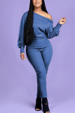 Blue Fashion Casual Adult Solid One Shoulder Skinny Jumpsuits