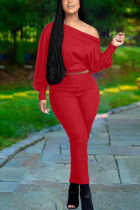 Red Fashion Daily Adult Solid Split Joint Oblique Collar Long Sleeve One Shoulder Regular Two Pieces