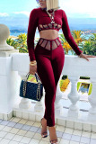 Wine Red Fashion Sexy Adult Twilled Satin Solid Patchwork O Neck Long Sleeve Regular Sleeve Short Two Pieces
