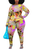 Yellow Fashion adult Ma'am OL O Neck Print Two Piece Suits Plus Size