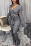 Grey Casual Solid V Neck Long Sleeve Flare Sleeve Short Two Pieces
