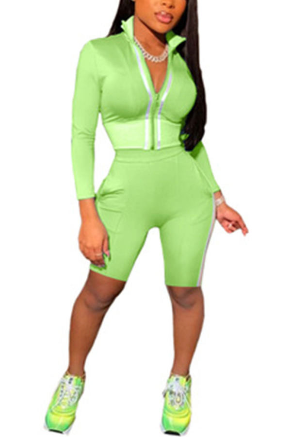 Green Casual Sportswear Blends Patchwork Patchwork Zipper Collar Long Sleeve Regular Sleeve Short Two Pieces