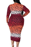 Red Fashion British Style Adult Polyester Print Split Joint O Neck Printed Dress Plus Size 