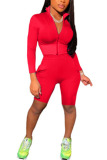 Red Fashion Casual Sportswear Blends Solid Zipper Collar Long Sleeve Regular Sleeve Regular Two Pieces