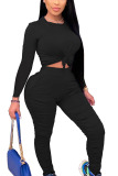 Black Casual Solid Patchwork O Neck Long Sleeve Regular Sleeve Short Two Pieces