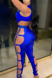 Blue Sexy Solid Bandage Hollowed Out Skinny Jumpsuits