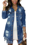 Baby Blue Fashion Casual Adult Solid Ripped Turndown Collar Long Sleeve Straight Denim