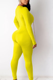 Yellow Sexy Milk Fiber Solid Bandage Chains V Neck Skinny Jumpsuits