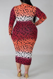 Red Fashion British Style Adult Polyester Print Split Joint O Neck Printed Dress Plus Size 