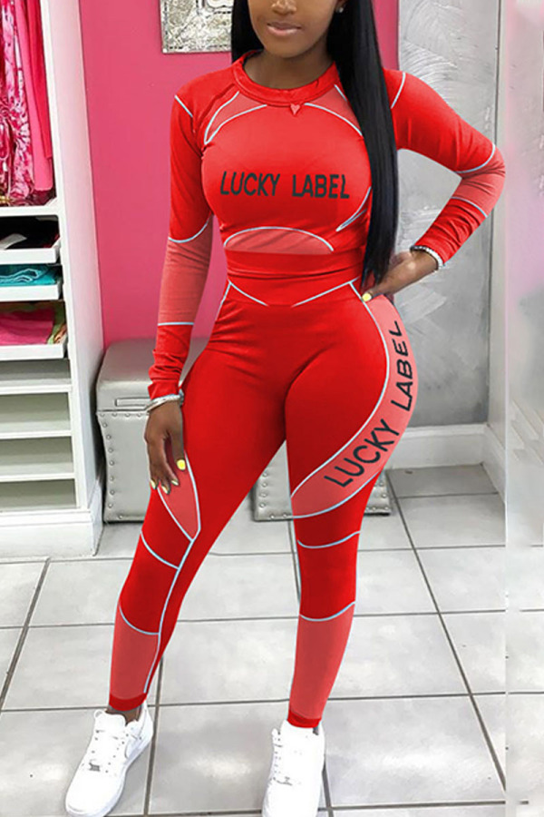 Red Fashion Casual Adult Print Split Joint Letter O Neck Long Sleeve Regular Sleeve Short Two Pieces