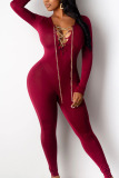Wine Red Sexy Milk Fiber Solid Bandage Chains V Neck Skinny Jumpsuits