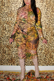 Yellow Sexy Casual Elegant Spandex Milk Fiber Print Leopard Basic Turtleneck Long Sleeve Knee Length Pencil Skirt Dresses