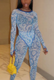 Blue Fashion Sexy Adult Print Split Joint See-through O Neck Long Sleeve Regular Sleeve Regular Two Pieces