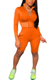 Orange Fashion Casual Sportswear Blends Solid Zipper Collar Long Sleeve Regular Sleeve Regular Two Pieces