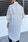 White Elegant Striped Fold Turndown Collar Outerwear