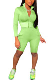Green Fashion Casual Sportswear Blends Solid Zipper Collar Long Sleeve Regular Sleeve Regular Two Pieces