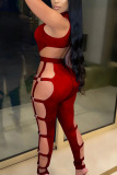 Wine Red Sexy Solid Bandage Hollowed Out Skinny Jumpsuits