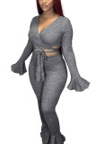 Grey Casual Solid V Neck Long Sleeve Flare Sleeve Short Two Pieces