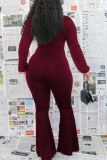 Wine Red Sexy Solid Bandage V Neck Skinny Jumpsuits