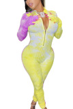 Yellow and purple Sexy Pit Article Fabrics Print O Neck Skinny Jumpsuits