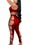 Wine Red Sexy Solid Bandage Hollowed Out Skinny Jumpsuits
