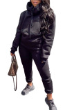 Black Fashion Casual Adult Solid Split Joint Hooded Collar Long Sleeve Regular Sleeve Regular Two Pieces