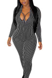 Black Fashion Sexy Adult Striped Patchwork V Neck Skinny Jumpsuits