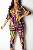 colour Sexy Polyester Print O Neck Regular Jumpsuits