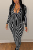 Black Fashion Sexy Adult Striped Patchwork V Neck Skinny Jumpsuits