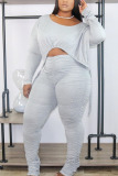 Grey Sexy Solid Draw String Fold O Neck Long Sleeve Regular Sleeve Longer In The Rear Two Pieces