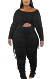 Black Sexy Solid Draw String Fold O Neck Long Sleeve Regular Sleeve Longer In The Rear Two Pieces