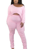 Pink Sexy Solid Draw String Fold O Neck Long Sleeve Regular Sleeve Longer In The Rear Two Pieces