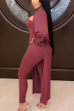 Wine Red Fashion Daily Adult Solid Split Joint Turndown Collar Long Sleeve Regular Sleeve Long Two Pieces