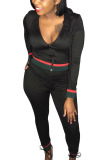 Black Casual Twilled Satin Solid Patchwork Hooded Collar Long Sleeve Regular Sleeve Regular Two Pieces